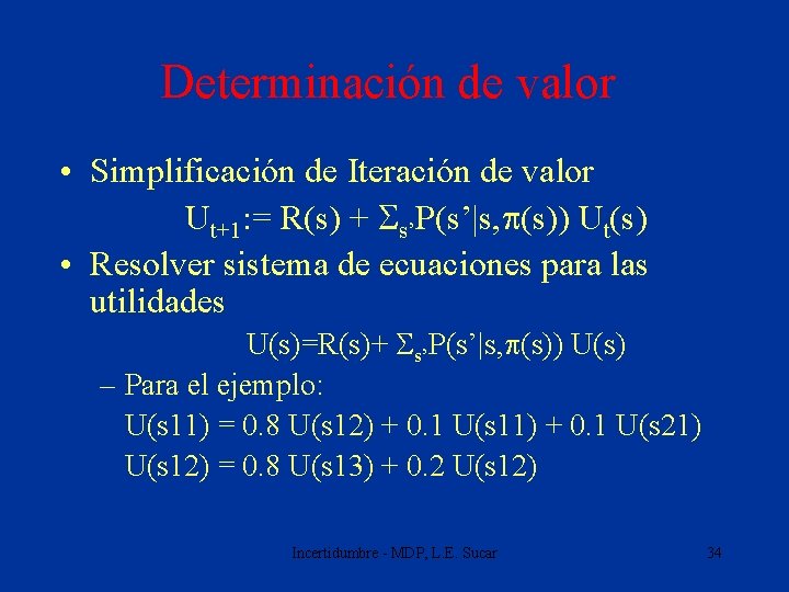 Determinación de valor • Simplificación de Iteración de valor Ut+1: = R(s) + Ss’P(s’|s,