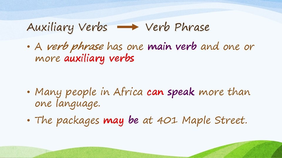 Auxiliary Verbs Verb Phrase • A verb phrase has one main verb and one