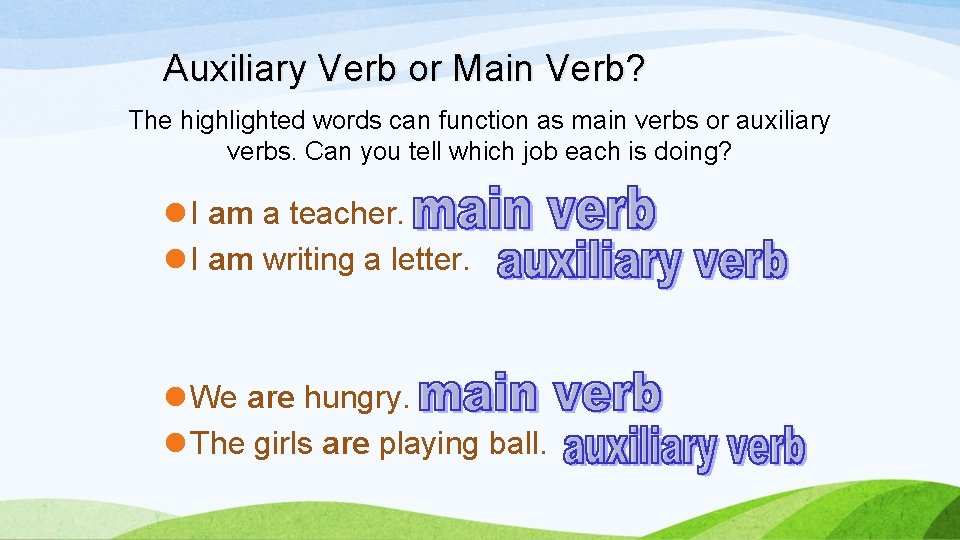 Auxiliary Verb or Main Verb? The highlighted words can function as main verbs or