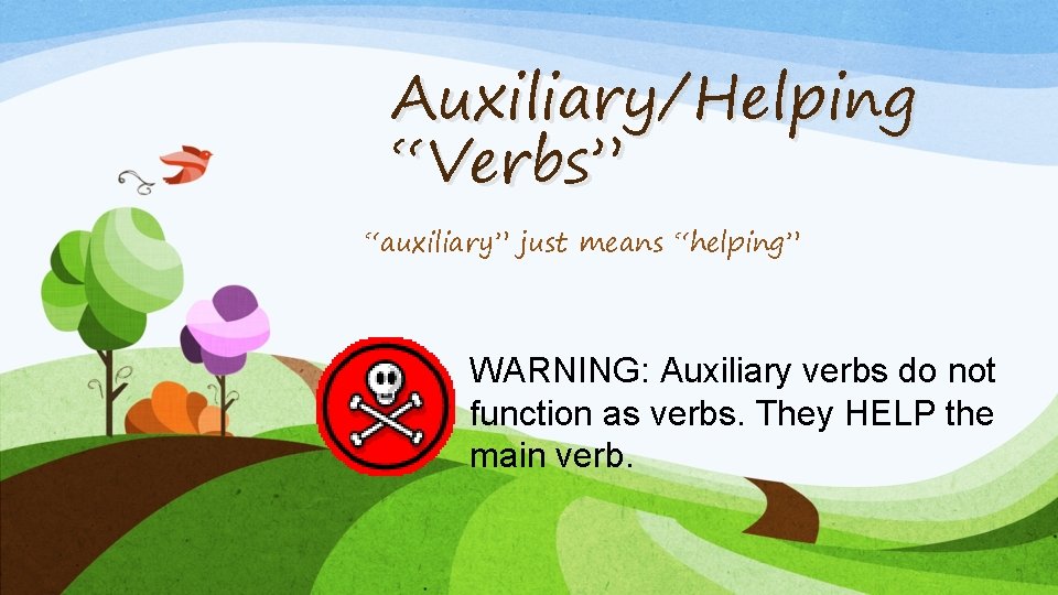 Auxiliary/Helping “Verbs” “auxiliary” just means “helping” WARNING: Auxiliary verbs do not function as verbs.