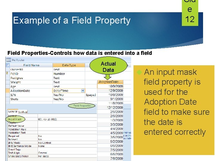Sid e 12 Example of a Field Property Field Properties-Controls how data is entered Sid e 12 Example of a Field Property Field Properties-Controls how data is entered