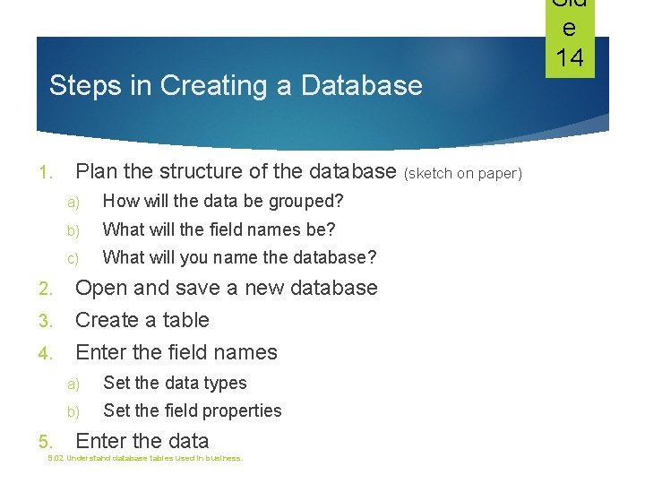 Steps in Creating a Database 1. 2. 3. 4. 5. Plan the structure of Steps in Creating a Database 1. 2. 3. 4. 5. Plan the structure of