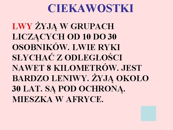 CIEKAWOSTKI LWY ŻYJĄ W GRUPACH LICZĄCYCH OD 10 DO 30 OSOBNIKÓW. LWIE RYKI SŁYCHAĆ