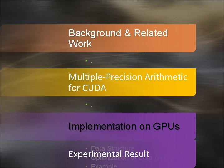 Background & Related Work • . Multiple-Precision Arithmetic for CUDA • . Implementation on