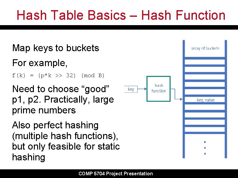 Hash Table Basics – Hash Function Map keys to buckets For example, f(k) = Hash Table Basics – Hash Function Map keys to buckets For example, f(k) =