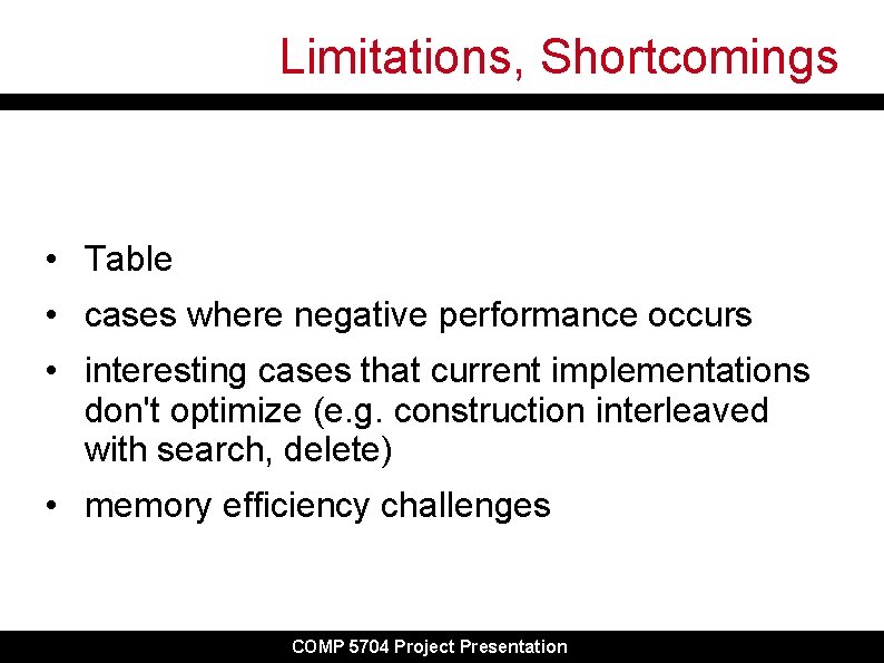 Limitations, Shortcomings • Table • cases where negative performance occurs • interesting cases that Limitations, Shortcomings • Table • cases where negative performance occurs • interesting cases that