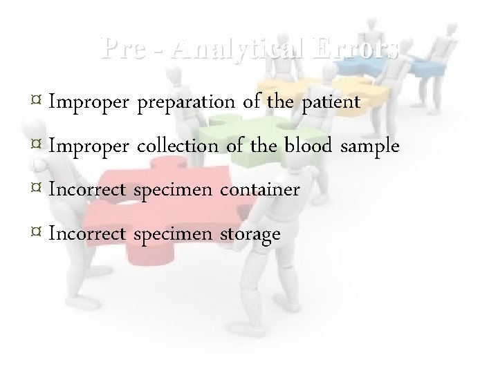 Pre - Analytical Errors ¤ Improper preparation of the patient ¤ Improper collection of