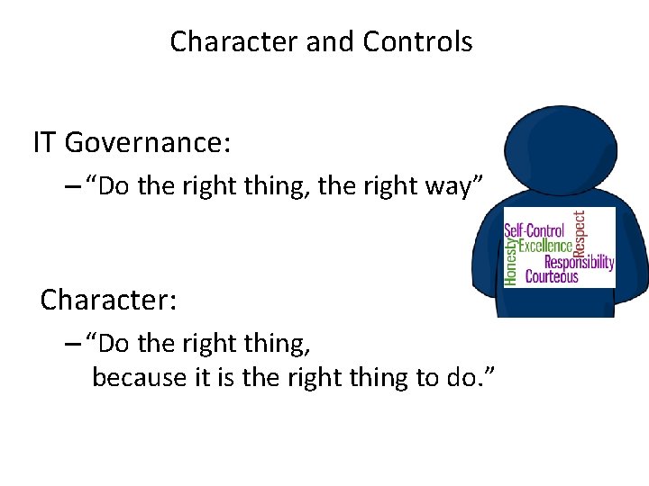 Character and Controls IT Governance: – “Do the right thing, the right way” Character: