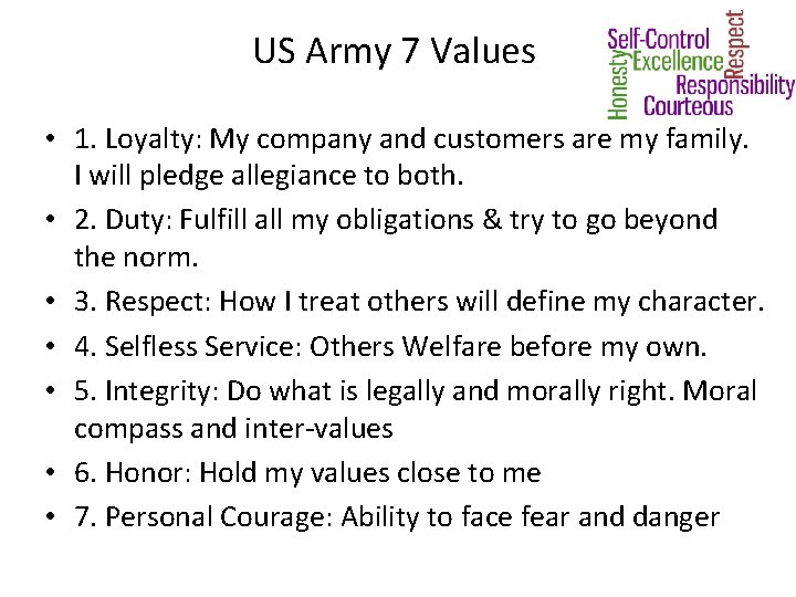 US Army 7 Values • 1. Loyalty: My company and customers are my family.