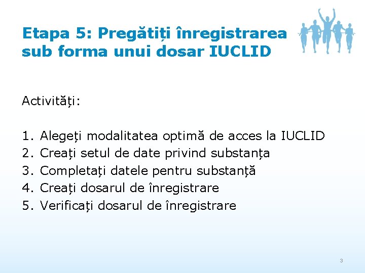 Etapa 5: Pregătiți înregistrarea sub forma unui dosar IUCLID Activități: 1. 2. 3. 4.