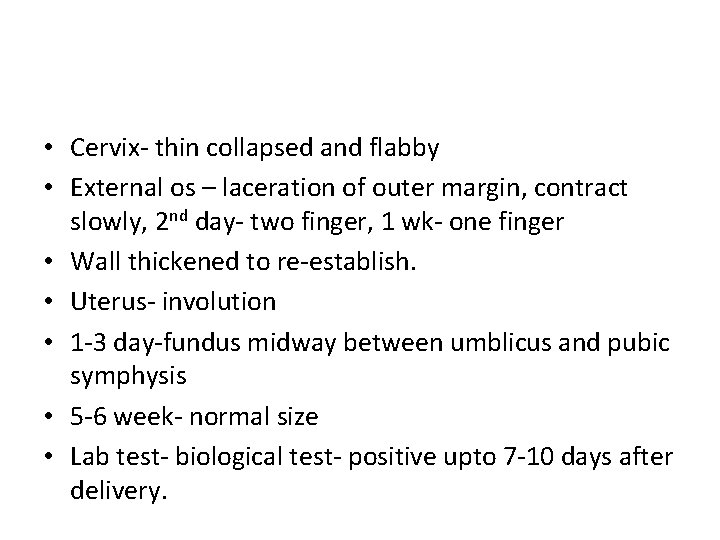  • Cervix- thin collapsed and flabby • External os – laceration of outer