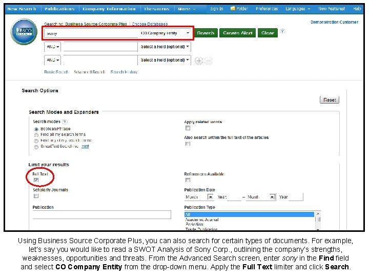 Using Business Source Corporate Plus, you can also search for certain types of documents.