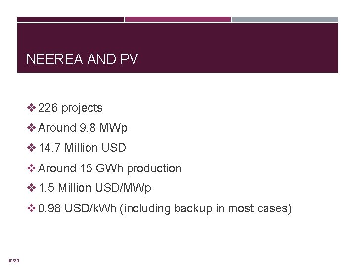 NEEREA AND PV v 226 projects v Around 9. 8 MWp v 14. 7