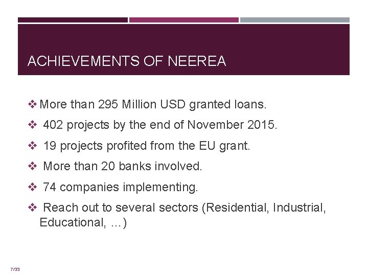 ACHIEVEMENTS OF NEEREA v More than 295 Million USD granted loans. v 402 projects