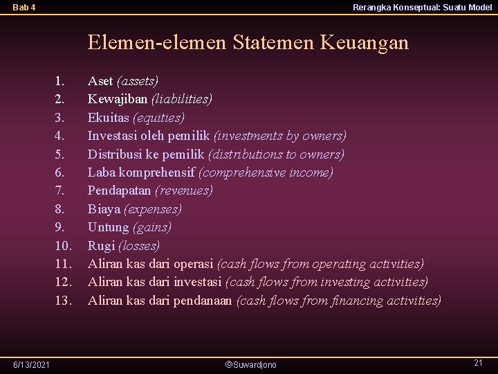 Bab 4 Rerangka Konseptual: Suatu Model Elemen-elemen Statemen Keuangan 1. 2. 3. 4. 5.