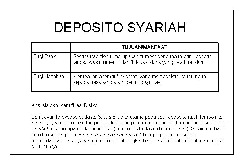 DEPOSITO SYARIAH TUJUAN/MANFAAT Bagi Bank Secara tradisional merupakan sumber pendanaan bank dengan jangka waktu