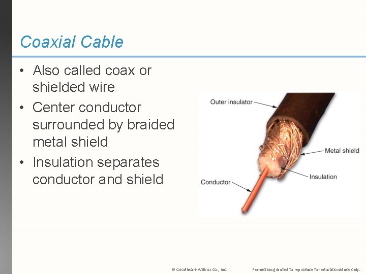 Coaxial Cable • Also called coax or shielded wire • Center conductor surrounded by