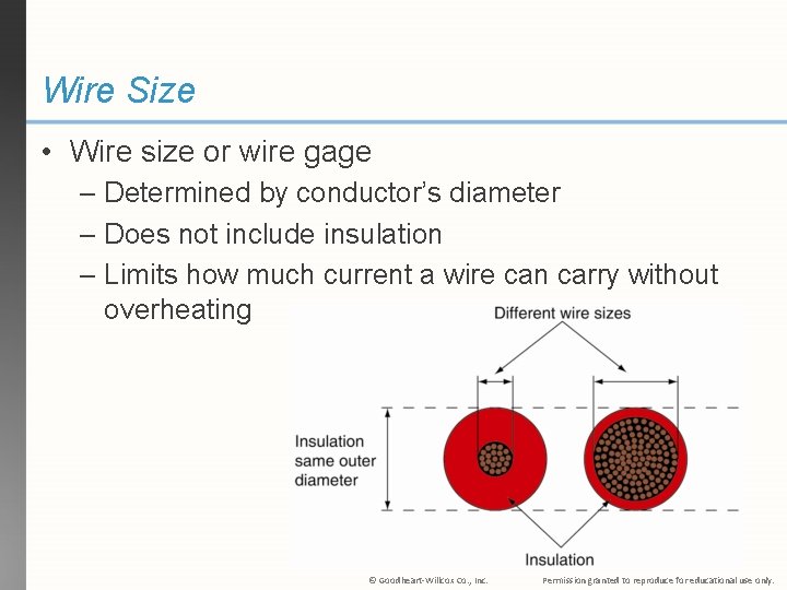 Wire Size • Wire size or wire gage – Determined by conductor’s diameter –