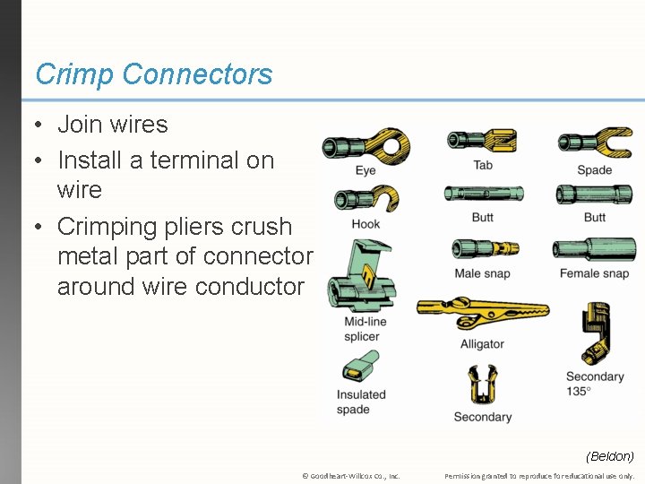Crimp Connectors • Join wires • Install a terminal on wire • Crimping pliers