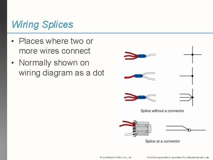 Wiring Splices • Places where two or more wires connect • Normally shown on