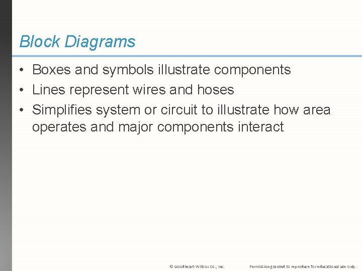 Block Diagrams • Boxes and symbols illustrate components • Lines represent wires and hoses