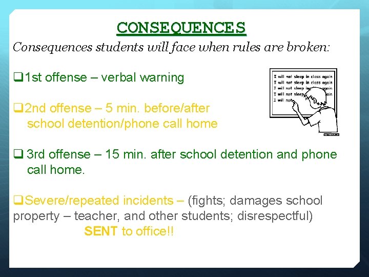 CONSEQUENCES Consequences students will face when rules are broken: q 1 st offense –