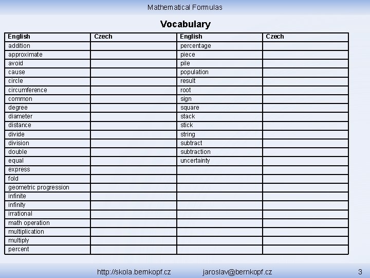 Mathematical Formulas Vocabulary English addition approximate avoid cause circle circumference common degree diameter distance