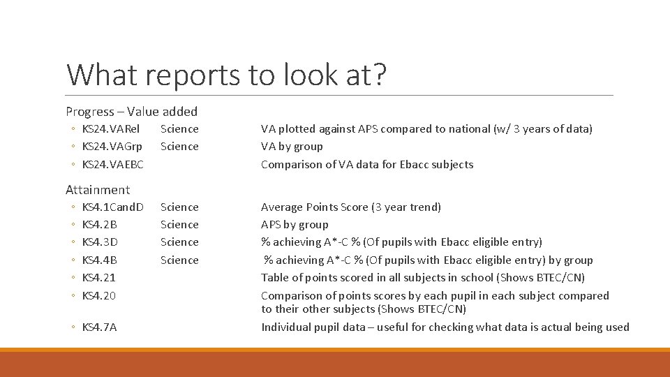 What reports to look at? Progress – Value added ◦ KS 24. VARel ◦