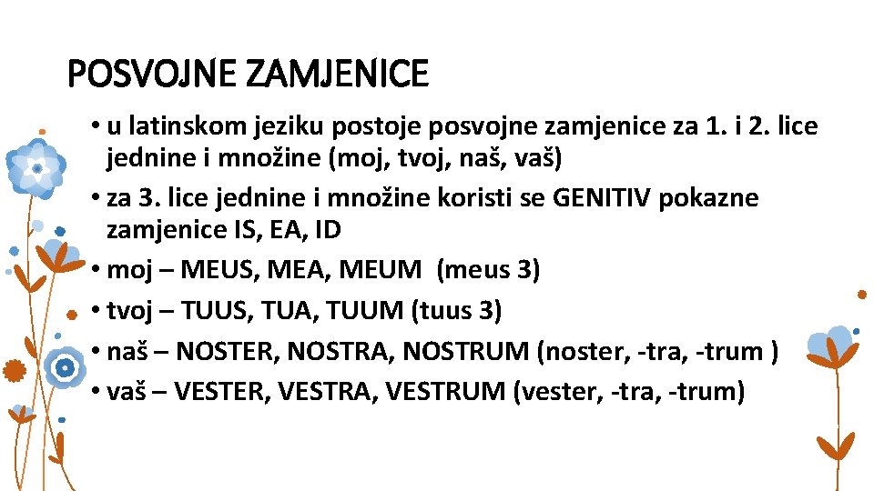 POSVOJNE ZAMJENICE • u latinskom jeziku postoje posvojne zamjenice za 1. i 2. lice