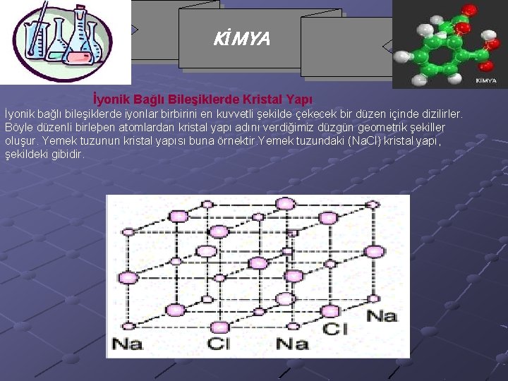 KİMYA İyonik Bağlı Bileşiklerde Kristal Yapı İyonik bağlı bileşiklerde iyonlar birbirini en kuvvetli şekilde