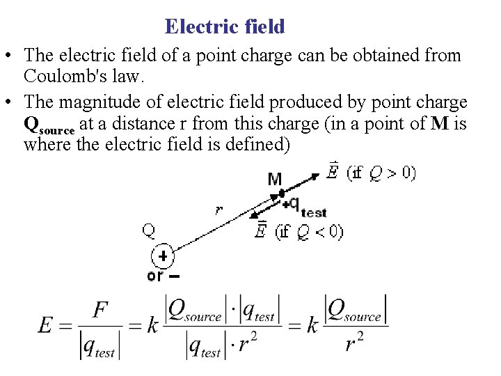Electric field • The electric field of a point charge can be obtained from