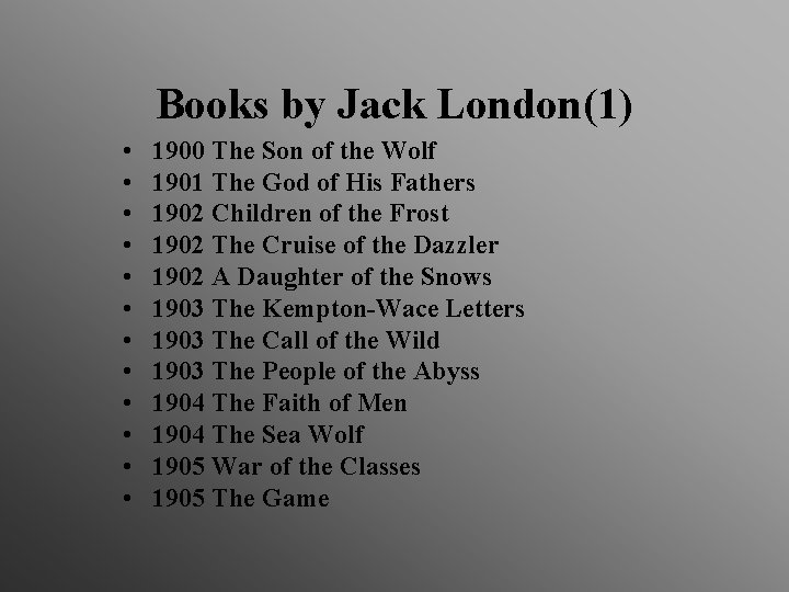 Books by Jack London(1) • • • 1900 The Son of the Wolf 1901