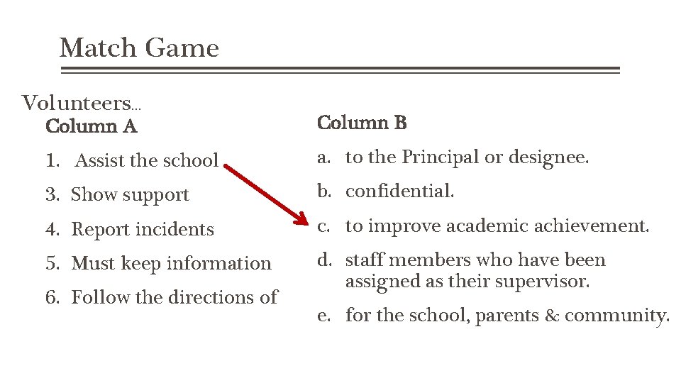 Match Game Volunteers… Column A Column B 1. Assist the school a. to the