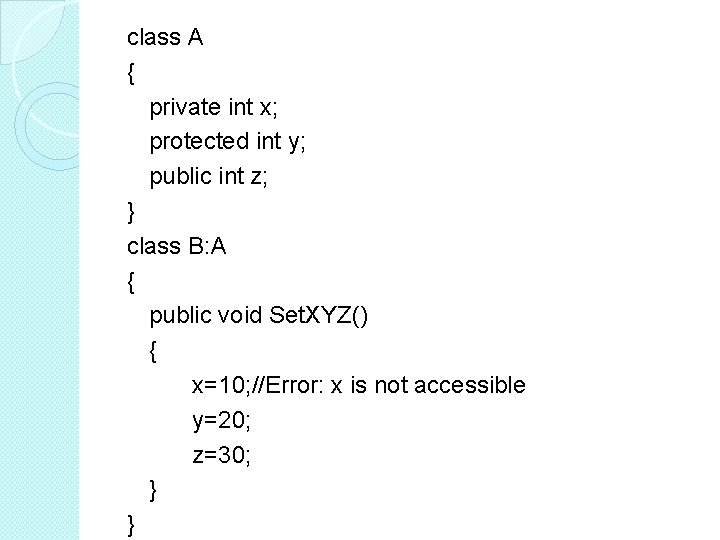 class A { private int x; protected int y; public int z; } class