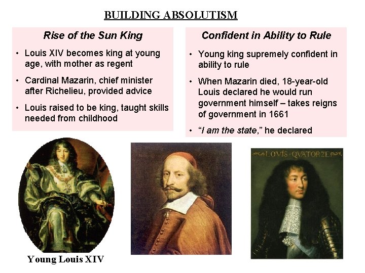 BUILDING ABSOLUTISM Rise of the Sun King Confident in Ability to Rule • Louis