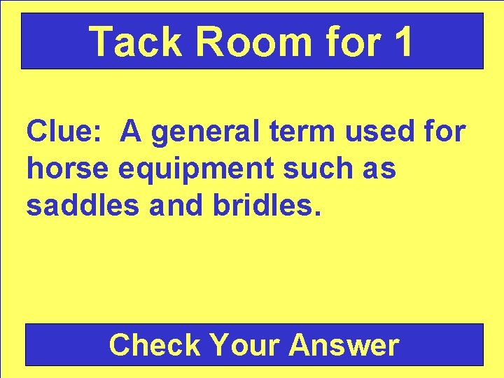 Tack Room for 1 Clue: A general term used for horse equipment such as