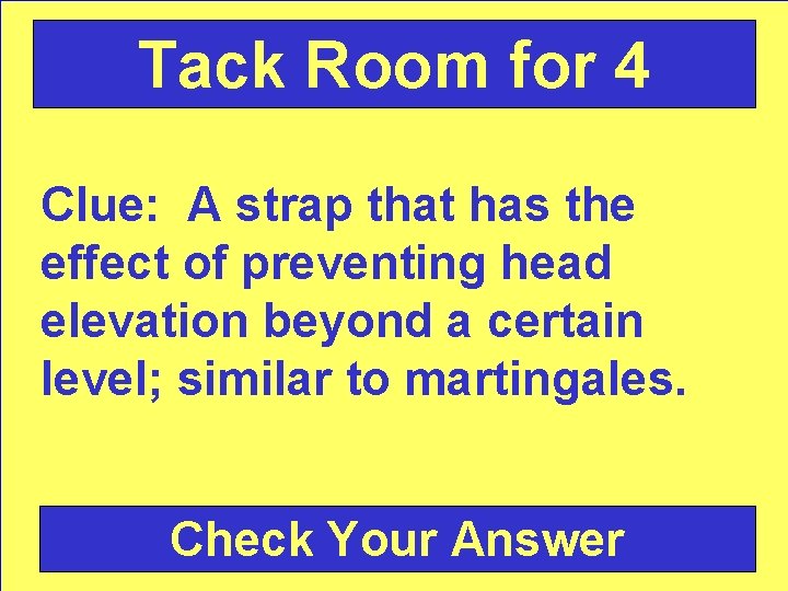 Tack Room for 4 Clue: A strap that has the effect of preventing head