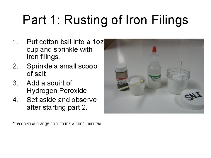 Part 1: Rusting of Iron Filings 1. 2. 3. 4. Put cotton ball into