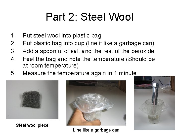 Part 2: Steel Wool 1. 2. 3. 4. 5. Put steel wool into plastic