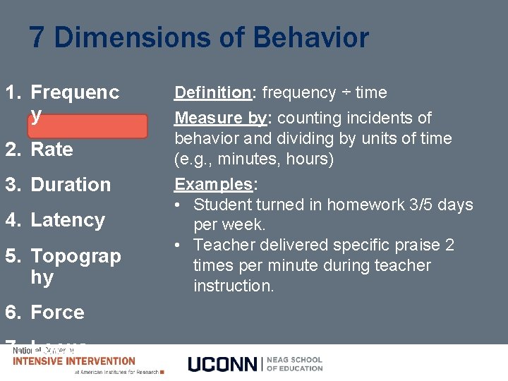 7 Dimensions of Behavior 1. Frequenc y 2. Rate 3. Duration 4. Latency 5.