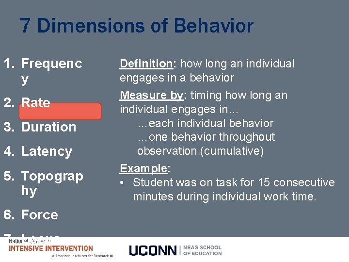 7 Dimensions of Behavior 1. Frequenc y 2. Rate 3. Duration 4. Latency 5.