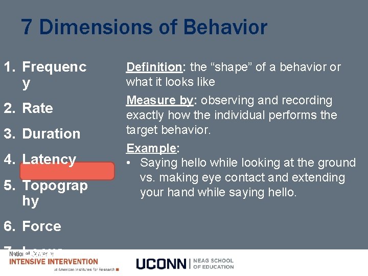 7 Dimensions of Behavior 1. Frequenc y 2. Rate 3. Duration 4. Latency 5.