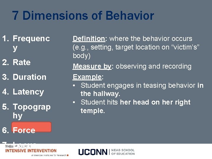 7 Dimensions of Behavior 1. Frequenc y 2. Rate 3. Duration 4. Latency 5.
