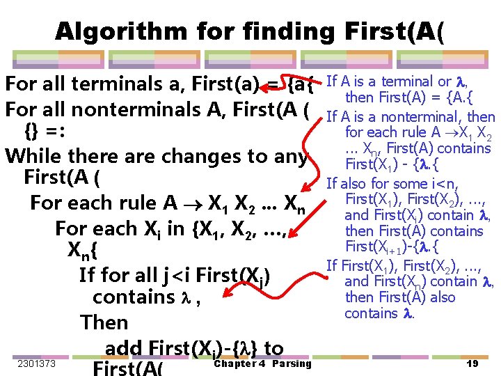 Algorithm for finding First(A( For all terminals a, First(a) = {a{ For all nonterminals
