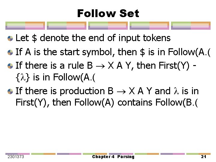 Follow Set Let $ denote the end of input tokens If A is the