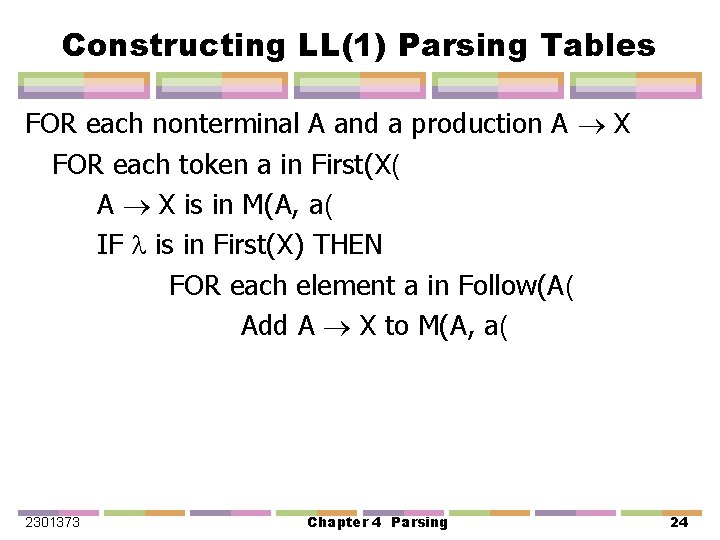 Constructing LL(1) Parsing Tables FOR each nonterminal A and a production A X FOR