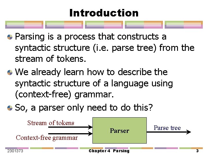 Introduction Parsing is a process that constructs a syntactic structure (i. e. parse tree)