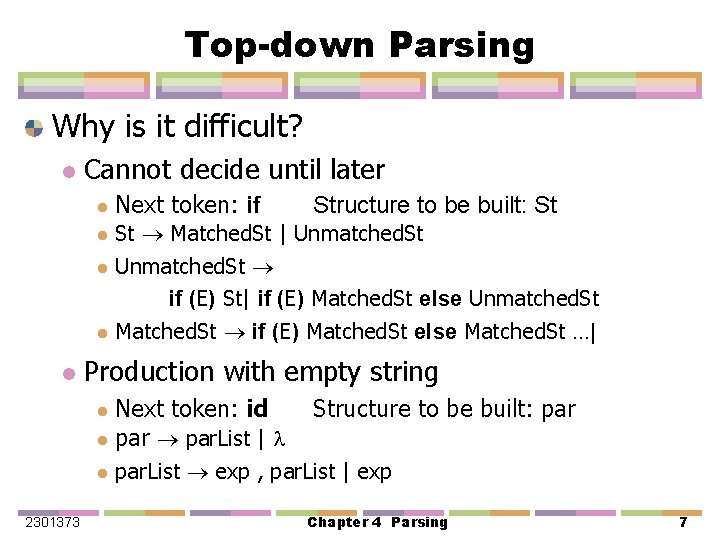 Top-down Parsing Why is it difficult? l Cannot decide until later l l l