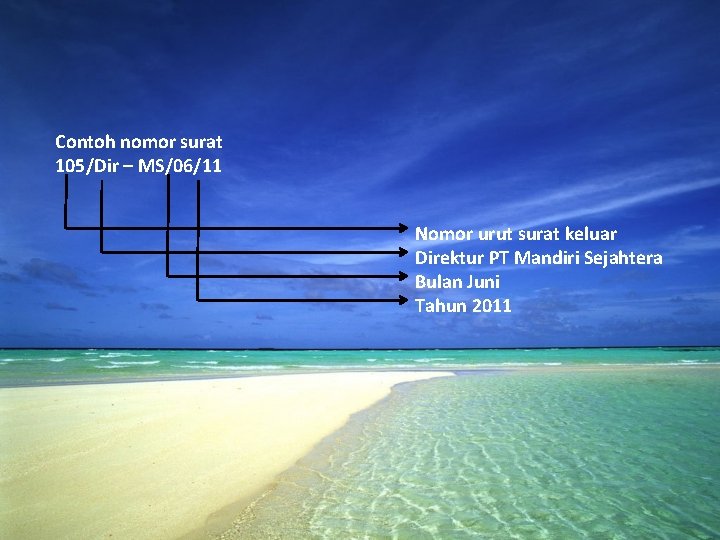 Contoh nomor surat 105/Dir – MS/06/11 Nomor urut surat keluar Direktur PT Mandiri Sejahtera