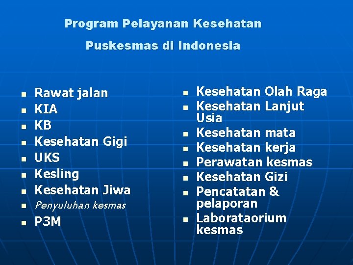 Program Pelayanan Kesehatan Puskesmas di Indonesia n n n n n Rawat jalan KIA